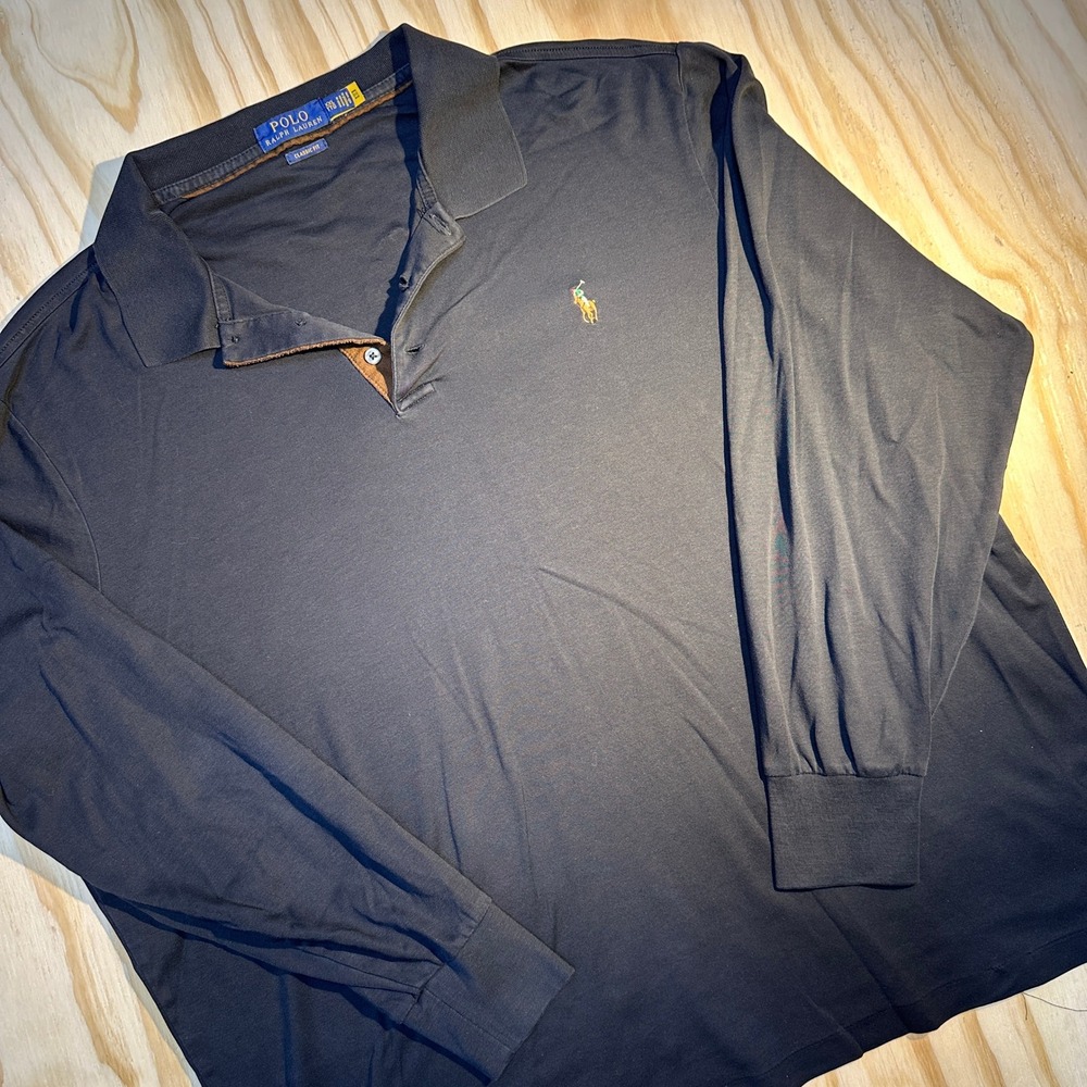 Polo Ralph Lauren Mens XXL Black Long Sleeve Classic Fit Polo Shirt Multi Pony